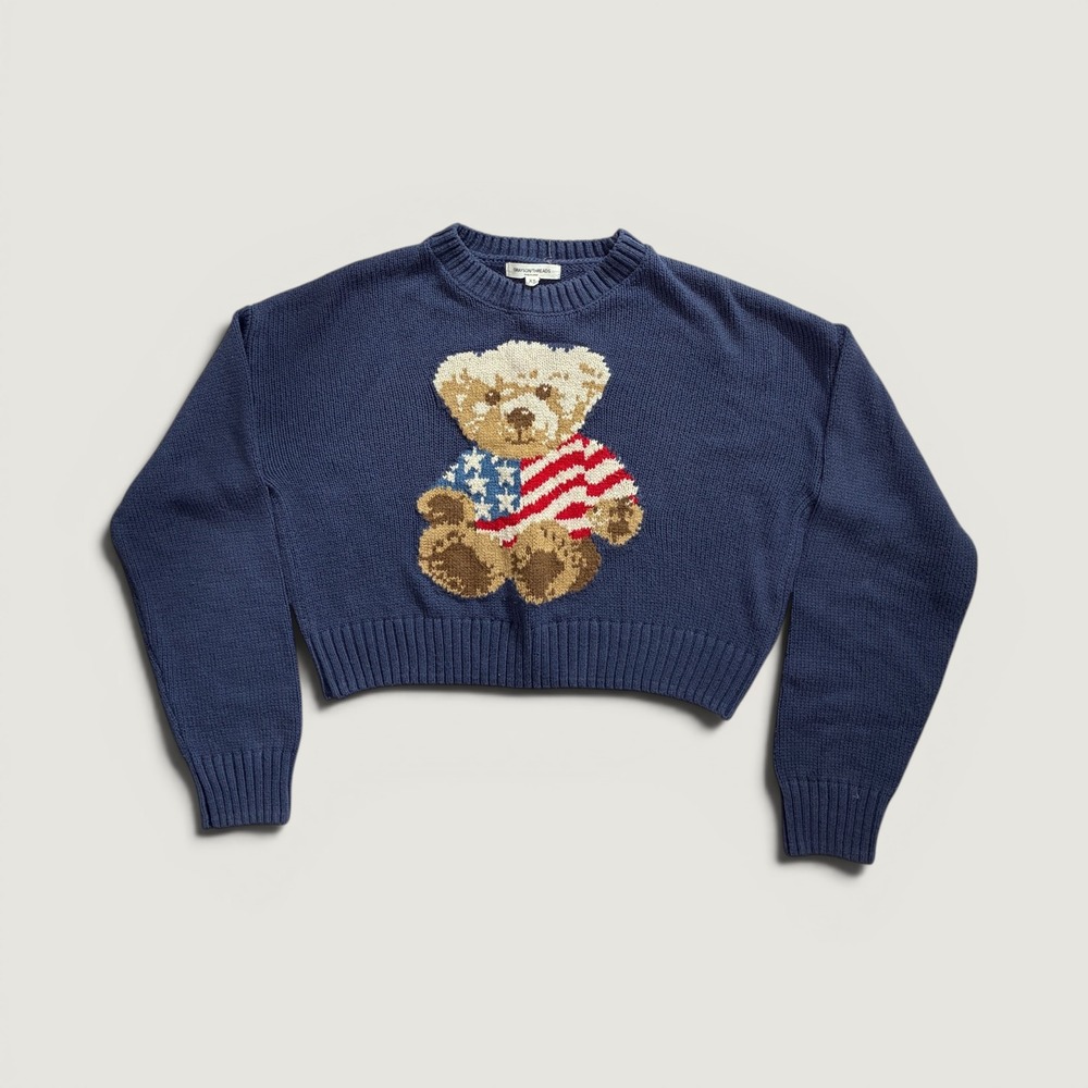 Grayson Threads Sweater Women XS Blue Teddy Bear American Flag Cropped Pullover